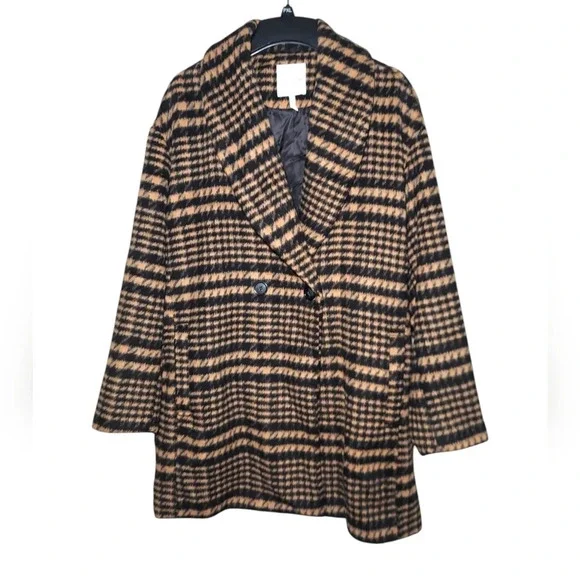 Avec Les Filles Oversized Plaid Houndstooth Wool Blend Peacoat
